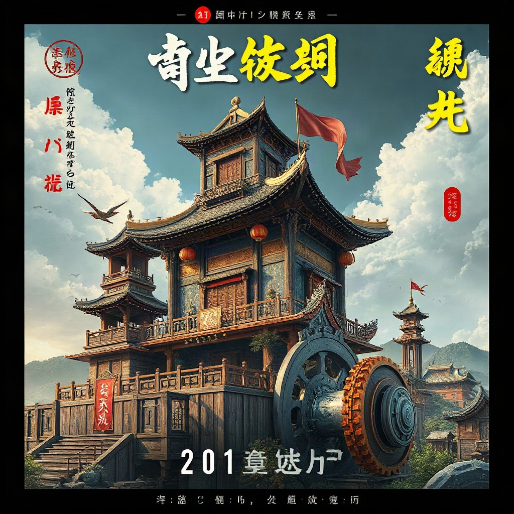 AI漫剧《机关城奇谭》海报，会移动的古城与巨大的木制齿轮
