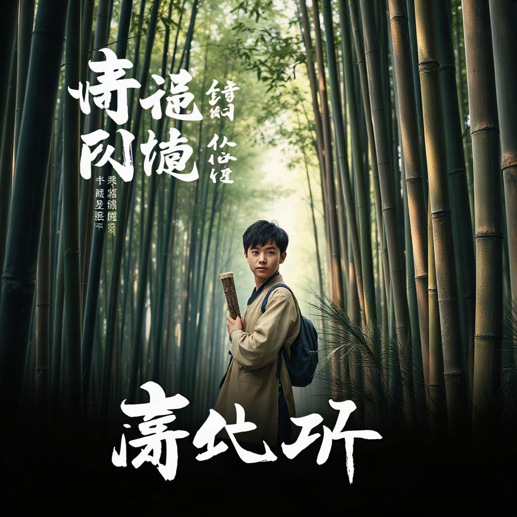短剧《青云试玉》海报，书院少年在竹林中持卷而立